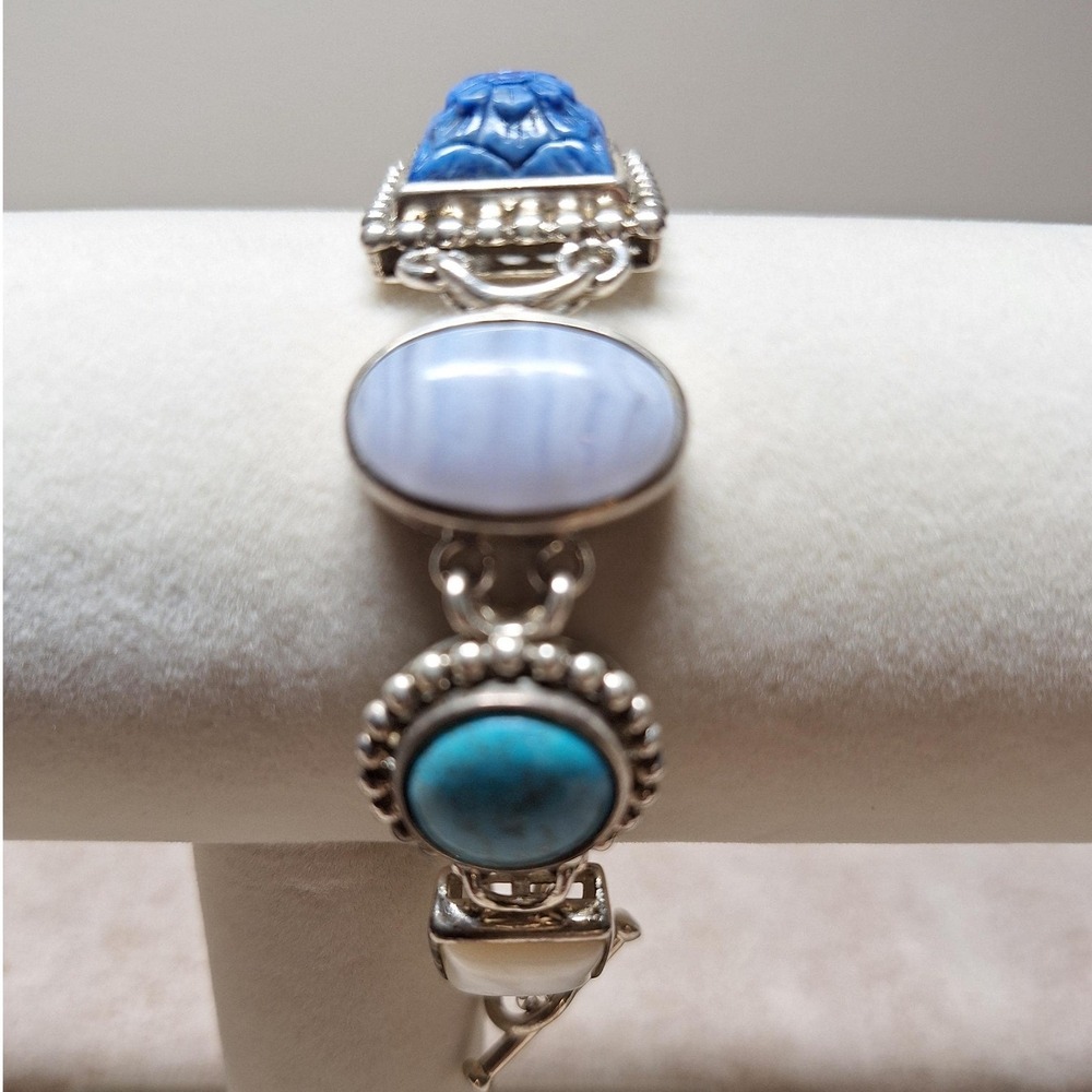 Turquoise bracelet with lapis blue lace agate mop Sterling silver 51 grams